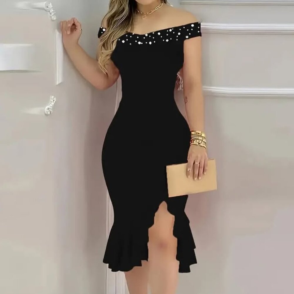 Off Shoulder Ruffle Hem Dress (size 6, Black)